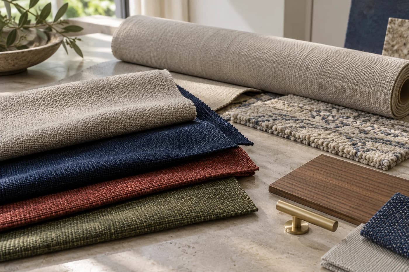 Illustrative collection of furnishing fabrics in a range of colours and textures